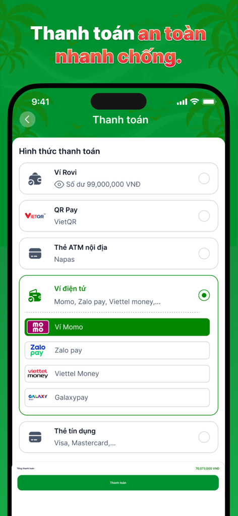 Rovi Travel - Pantalla de pago de la aplicación Rovi Travel mostrando varias opciones de pago que incluyen Rovi Wallet, QR Pay, tarjetas ATM locales y billeteras electrónicas como Momo y Zalo pay.