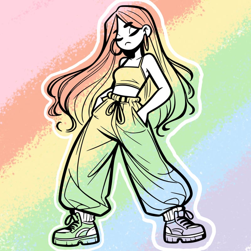 girl in baggy pants crop top and long hair