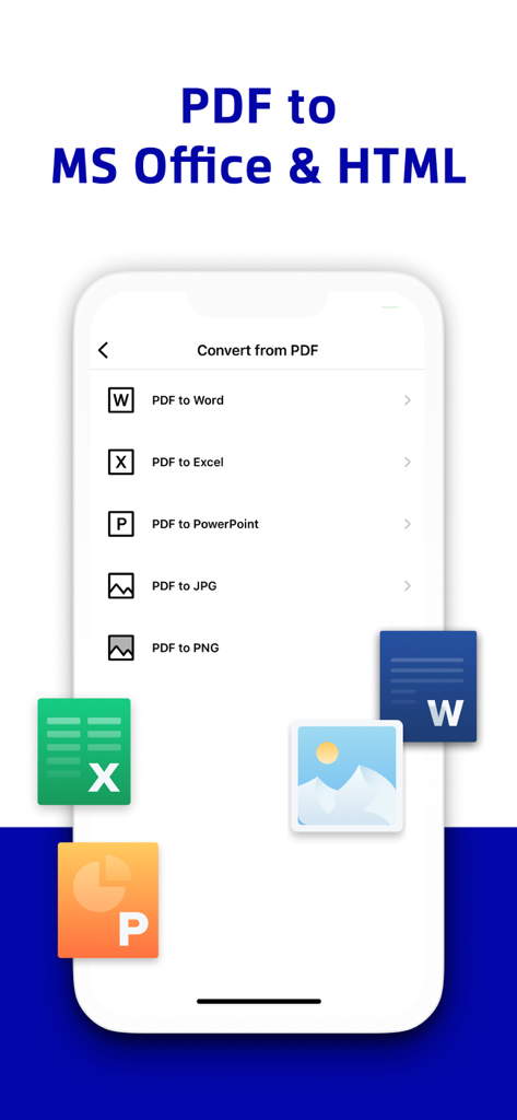 Xodo app interface showing PDF conversion options to Word Excel and PowerPoint