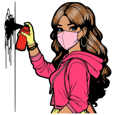 realistic girl with mask spray painting a wall