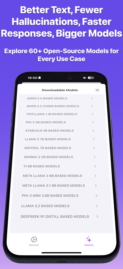 A mobile interface showing a list of downloadable open-source AI models within the Private LLM app
