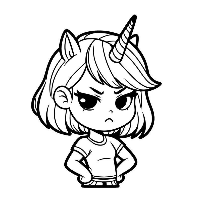 hey unicorn girl that has short hair and is kind of always upset named moody unicorn twin