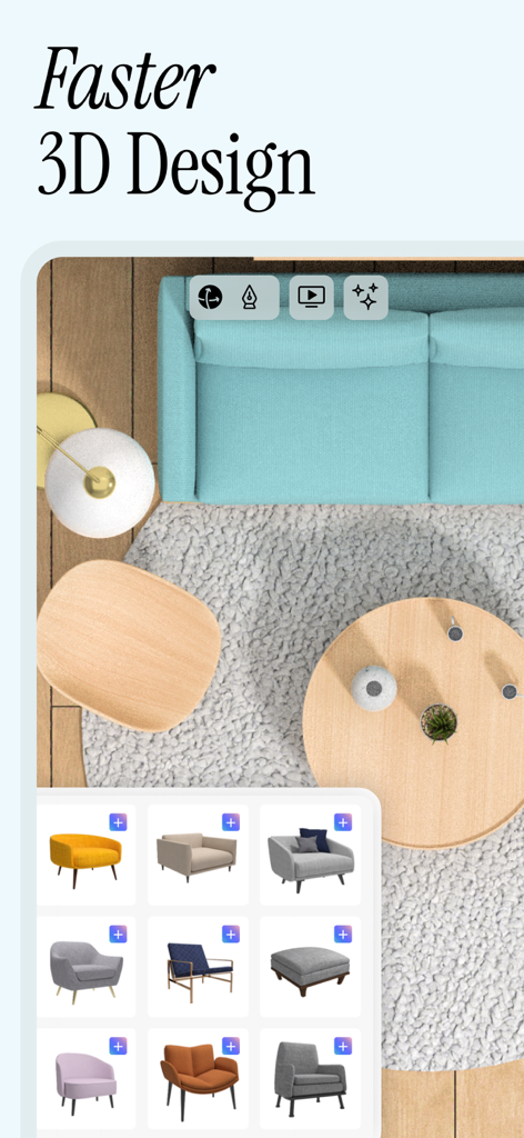 Top-down view of a 3D interior design project in uMake showing furniture options and layout tools.