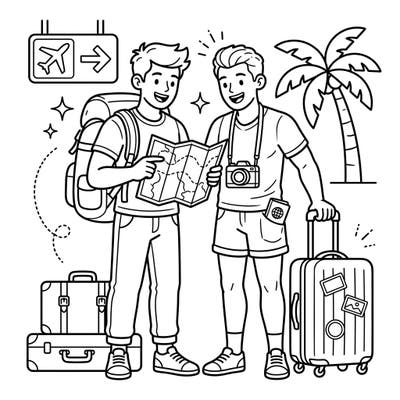Dive into the excitement of travel with this delightful coloring page featuring two friends on a vacation adventure. Grab your favorite colors and bring their journey to life, from bustling airports to sunny destinations.