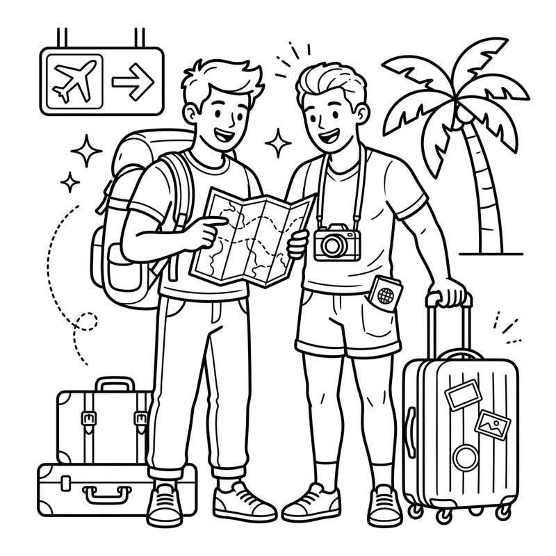 Dive into the excitement of travel with this delightful coloring page featuring two friends on a vacation adventure. Grab your favorite colors and bring their journey to life, from bustling airports to sunny destinations.