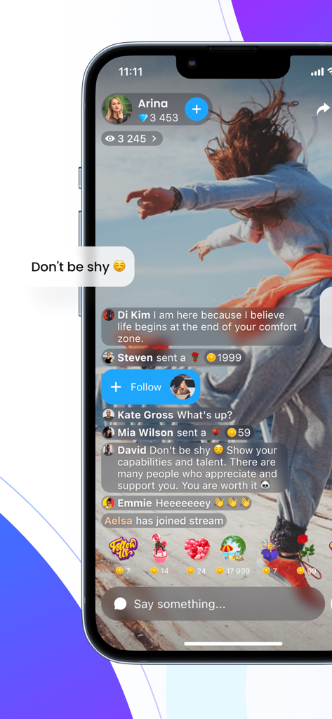 Mobile screenshot of the Plamfy app showing a live video broadcast with interactive chat and gift icons