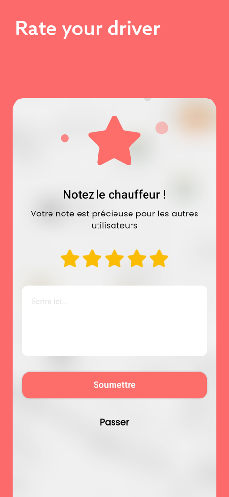 Misy - Interfaz de calificación del conductor de la aplicación Misy que muestra cinco estrellas y un campo de texto para comentarios del usuario