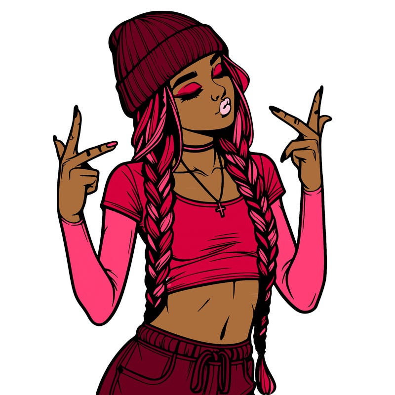 realistic teenage girl with braids and a beanie and crop top doing 🫶🏼