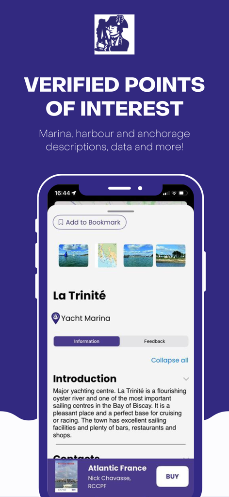 Explore with Imray app mostrando descrições detalhadas de marinas e portos para navegação náutica
