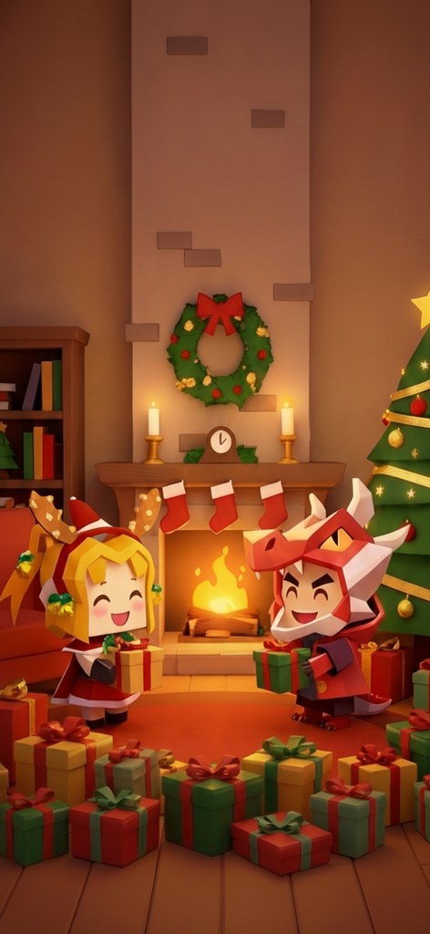 Two voxel characters in Christmas costumes exchanging gifts by a fireplace