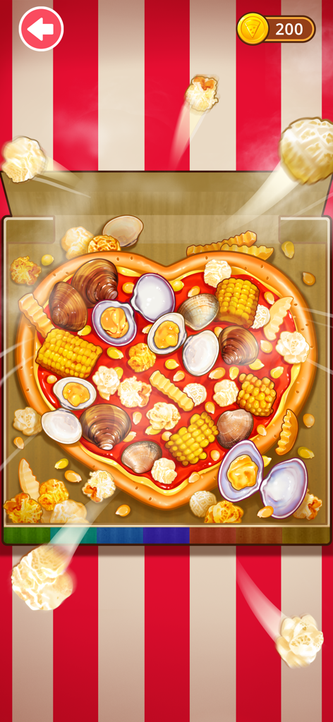 Pizza Games for kids - Pizza em formato de coração com coberturas de frutos do mar e milho em um jogo de culinária para crianças