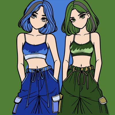 two girls with crop top with baggy pants