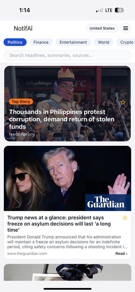 Mobile interface of NotifAi News app displaying political news headlines and category filters.