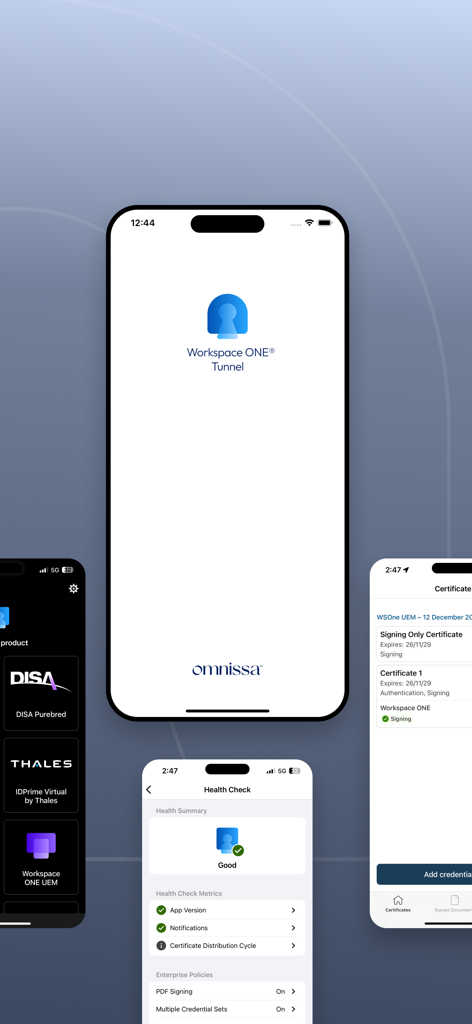 Tunnel (new) - Workspace ONE - モバイルデバイスのヘルスチェックと証明書管理インターフェースを示すWorkspace ONE Tunnelアプリのスクリーンショット