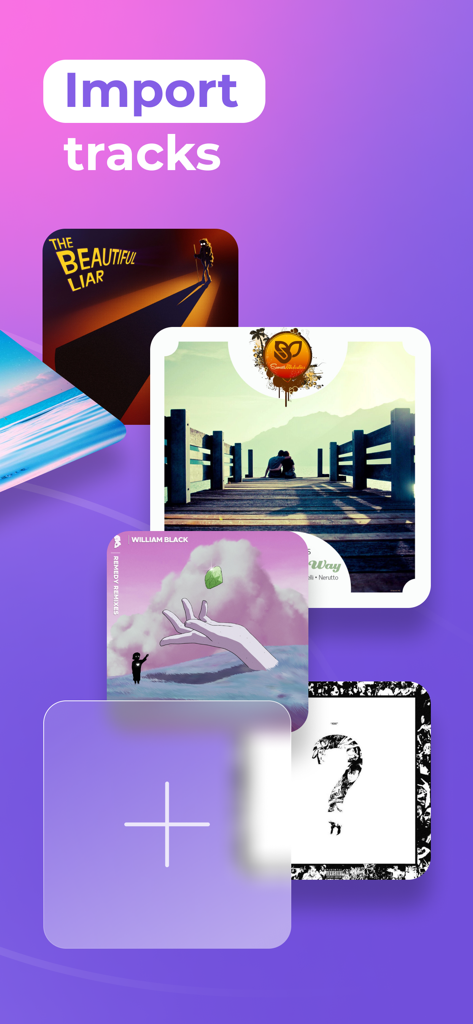 Interfaz de la aplicación SoundBar mostrando la función de importación de pistas con una colección de portadas de álbumes de música