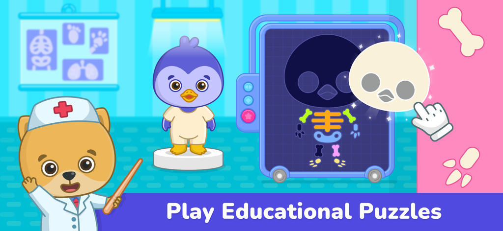 A cartoon bear doctor presenting an interactive X-ray puzzle with a penguin character