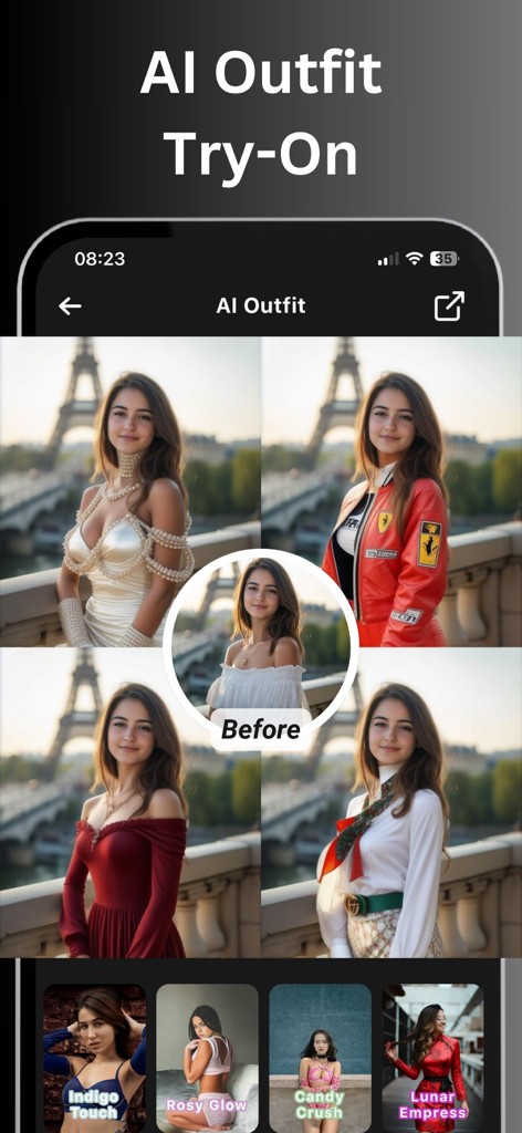 Virtual outfit try-on interface showing AI-generated clothing styles on a user photo