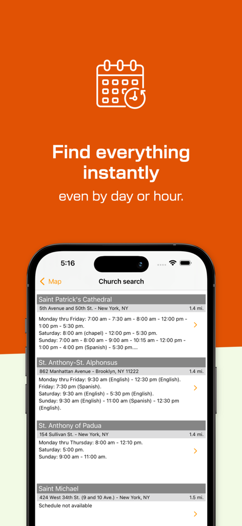 Catholic Mass Times app displaying church locations and daily mass schedules