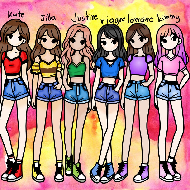 a group of girls wearing crop tops and shorts