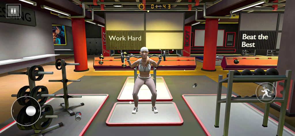Una mujer realizando sentadillas con barra en un gimnasio moderno en 3D