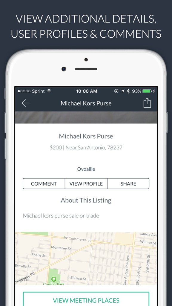 Pantalla de la aplicación SocialSell mostrando un anuncio de bolso usado con precio y ubicación