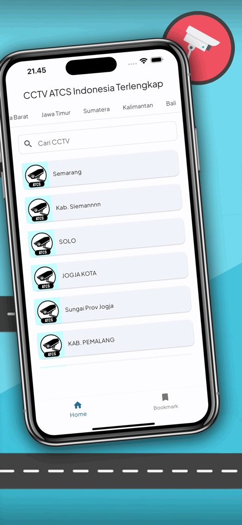 A mobile app interface showing a list of CCTV traffic camera locations in Indonesian cities