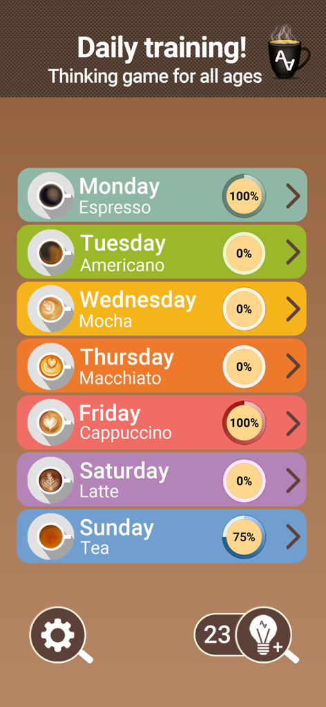 AnagrApp Cup daily word brain training menu with coffee themed levels for seniors
