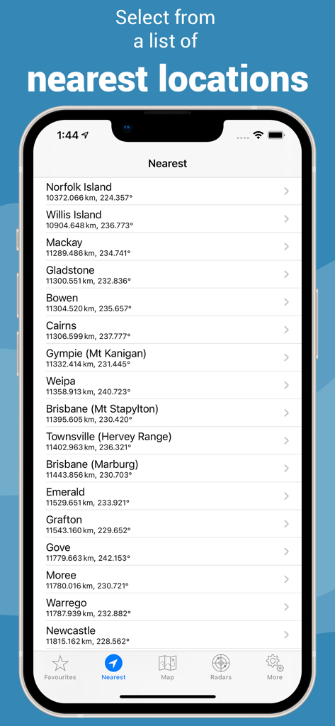 Rain Radar Australia - A list of the nearest weather radar locations in Australia showing distances in kilometers.