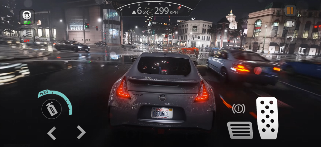 A silver sports car driving through a rainy city street at night with a digital dashboard and controls