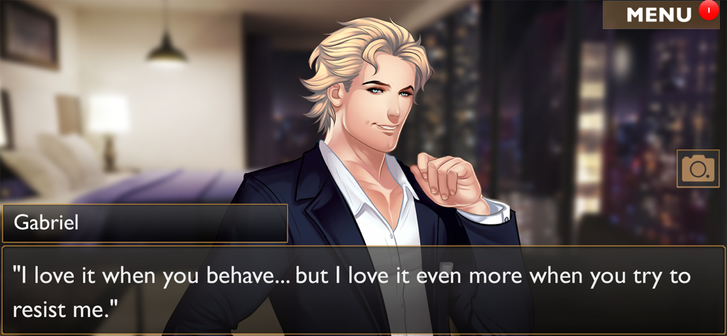 Is It Love? Gabriel - Journeys - A screenshot of Gabriel Simons smirking in a romantic dialogue scene from the otome game Is It Love Gabriel Journeys.