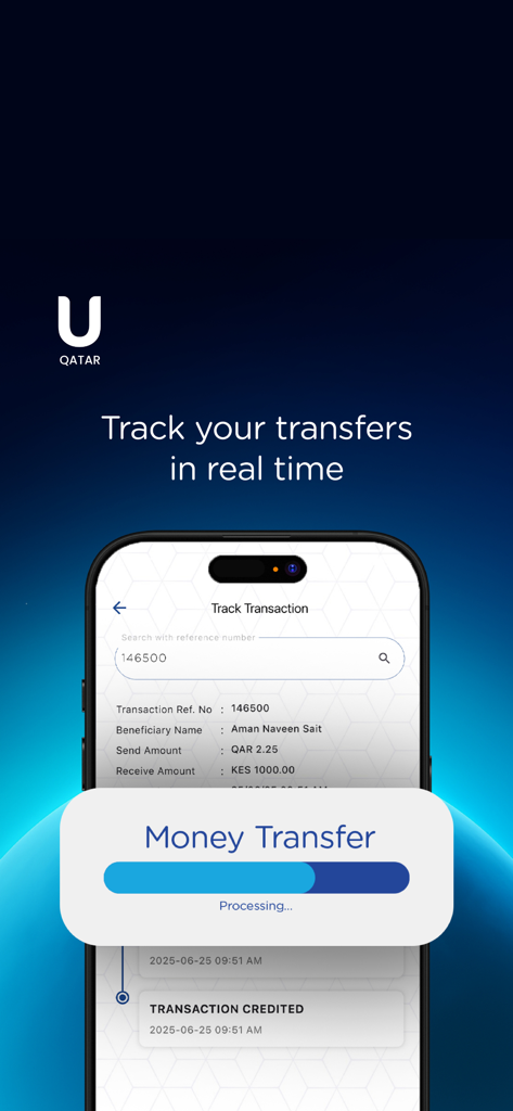 Unimoni Qatar - Interfaz de la aplicación móvil Unimoni Qatar para rastrear transferencias de dinero en tiempo real