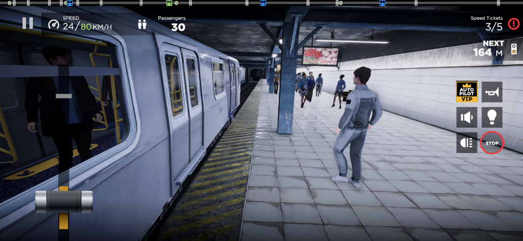 A subway train at an underground station platform with passengers in the Subway Simulator 3D game