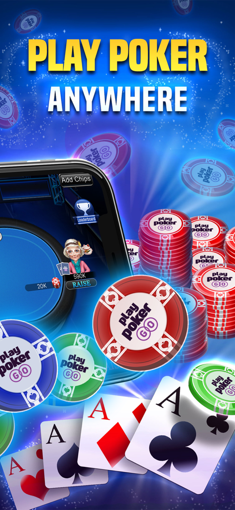 PlayPokerGO - Texas Hold’em - A mobile screen showing a Texas Holdem game with stacks of poker chips and four aces