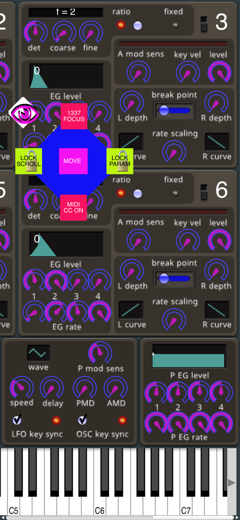 Oberfläche der mobilen App Dexed Synth mit FM-Synthesizer-Reglern und einem Overlay-Menü mit Scroll- und Parameter-Sperreinstellungen