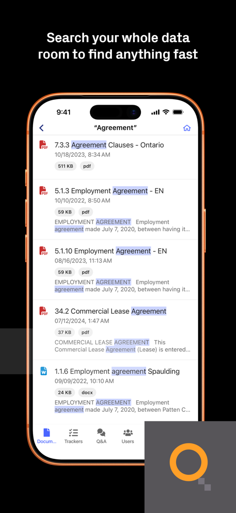 Tela de pesquisa do aplicativo Datasite mostrando resultados de documentos em um data room virtual seguro
