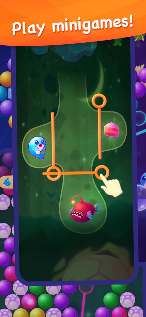 스페이스 웨일 버블 슈터에서 귀여운 파란 고래와 아귀 물고기가 등장하는 핀 뽑기 퍼즐 미니 게임