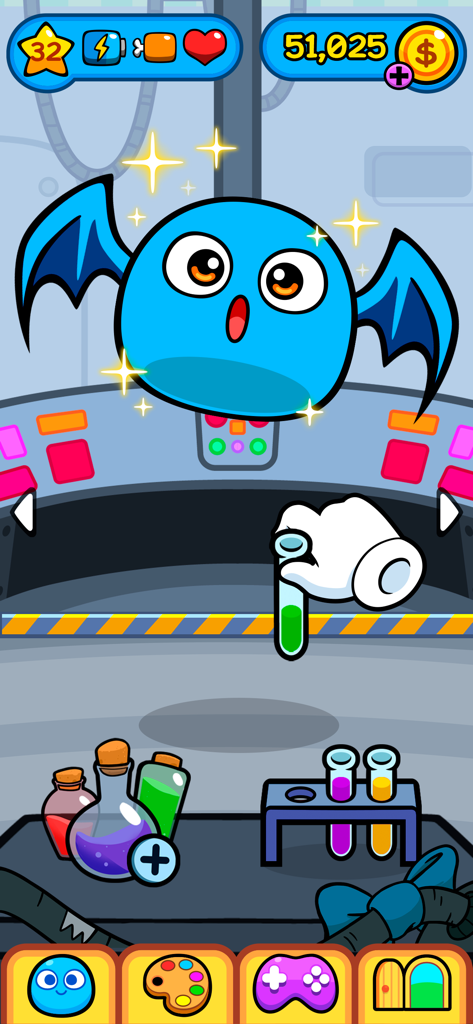 My Boo: Virtual pet Take care - Blue Boo pet with bat wings in a laboratory with colorful potions