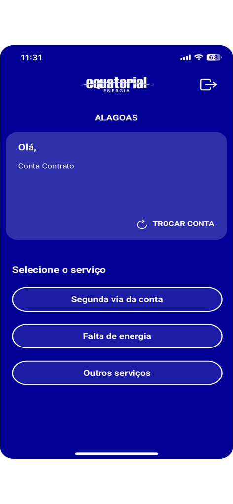 Equatorial Energia - アラゴアス州の電力管理サービスオプションを表示するEquatorial Energiaアプリのホーム画面