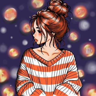 realistic girl wearing a messy bun and an oversized sweater