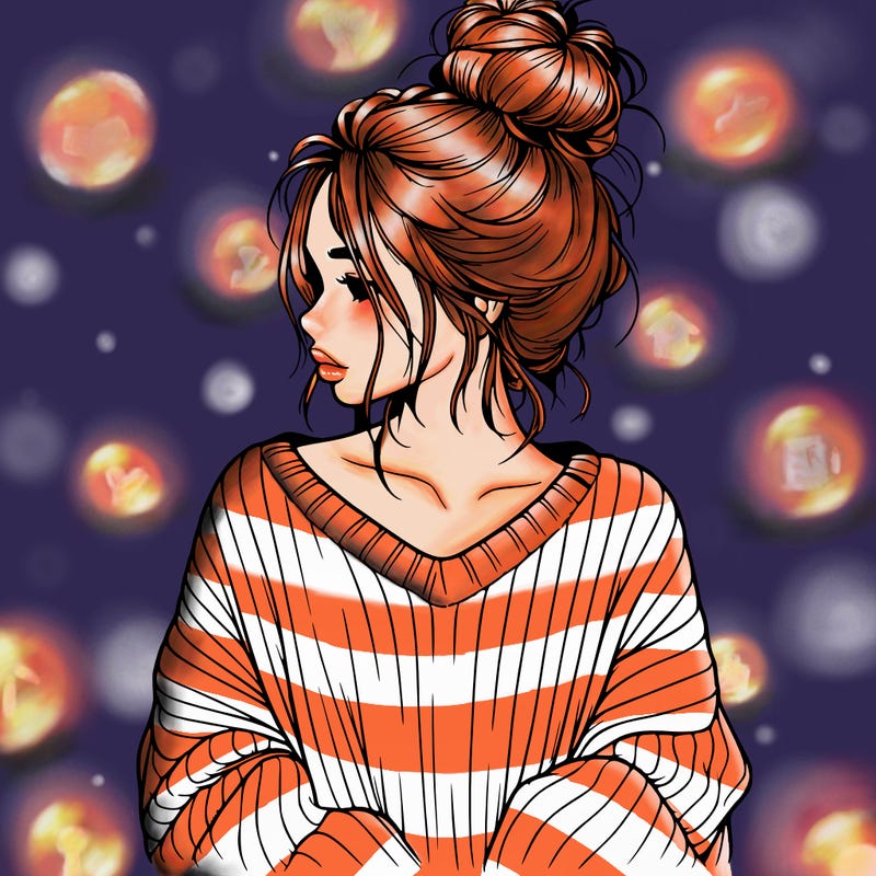 realistic girl wearing a messy bun and an oversized sweater
