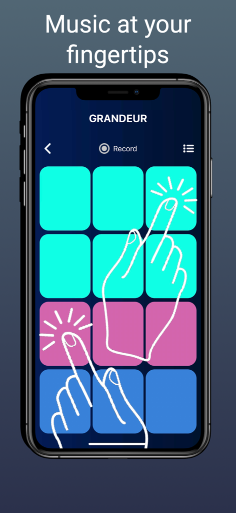 DJ Music Producer - Groove Pad - Um smartphone mostrando uma interface colorida de grade de 12 pads para criar música com ilustrações de mãos demonstrando interação por toque