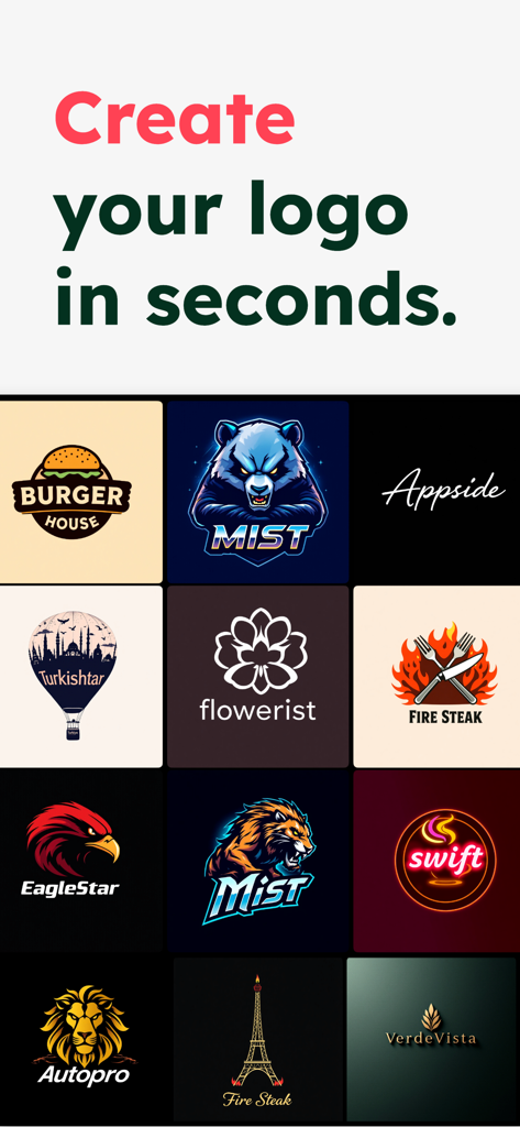 Leo: AI Logo & Signature Maker - Leo AIアプリで作成された多様なプロフェッショナルロゴスタイルのグリッド。「数秒でロゴを作成」というテキストが表示されています