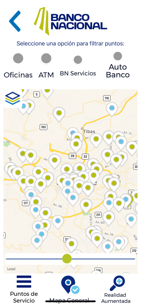 BN Más Cerca de Usted - Interfaz de mapa de la aplicación móvil que muestra sucursales bancarias y ubicaciones de cajeros automáticos del Banco Nacional en Costa Rica