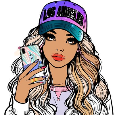 realistic beautiful girl wearing los ángeles cap holding an iphone