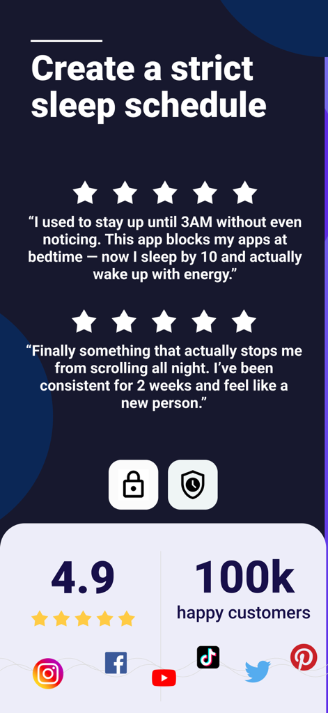 Sleep Schedule: Stop Scrolling - User reviews and 4.9 star rating for the Sleep Schedule app highlighting reduced scrolling and improved sleep.