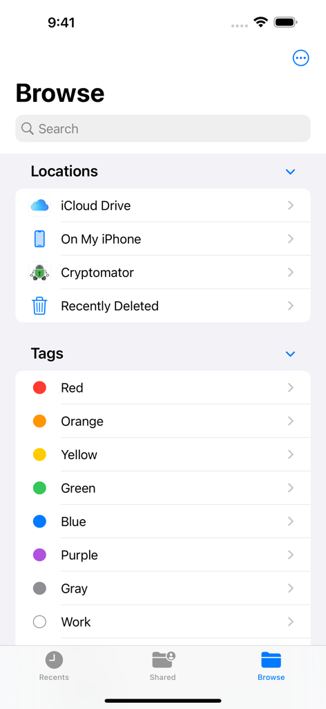 Cryptomator - Cryptomator integrated as a storage location within the iOS Files app browse menu.