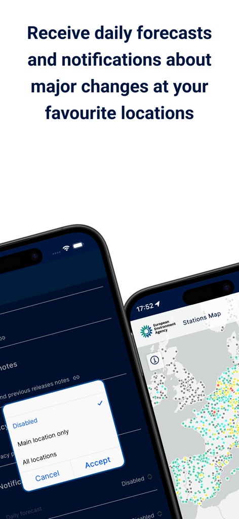 Air quality notification settings and a map showing monitoring stations across Europe