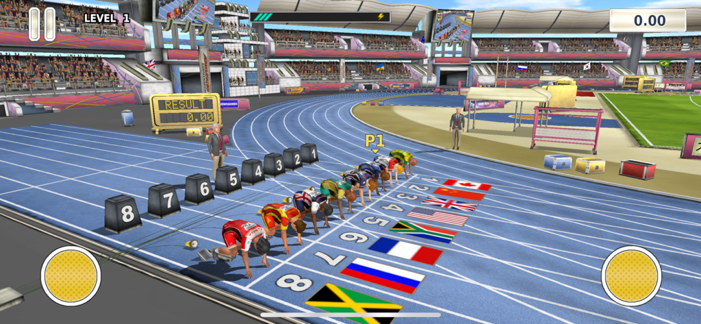 Athletics 3: Summer Sports - Atletas representando a diferentes naciones en los bloques de salida de una carrera de velocidad en un estadio 3D realista.