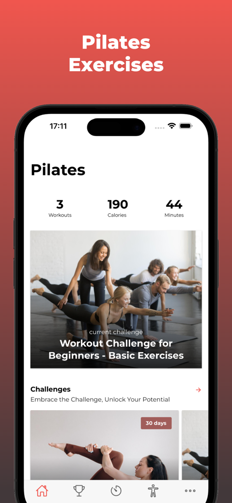 30 Day Pilates Challenge - Interfaz de la aplicación móvil Reto de Pilates de 30 Días que muestra un programa de entrenamiento para principiantes y estadísticas de fitness como calorías y minutos.