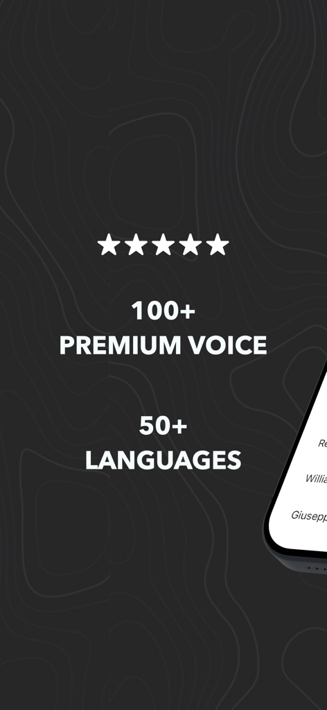 AI Reader: Read Aloud Pdf Book - Ecrã de funcionalidades da aplicação AI Reader a mostrar cinco estrelas e realce de texto sobre mais de cem vozes premium e cinquenta idiomas